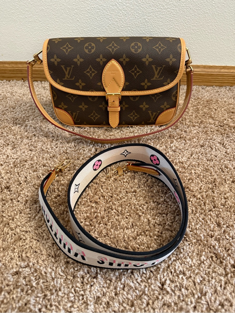 Louis Vuitton Brown Monogram Crossbody Bag with Tan Trim and Decorative Strap